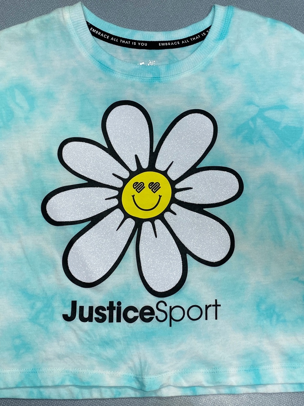 Justice Aqua Tie-Dye Glitter Daisy Graphic Tee XS NWT